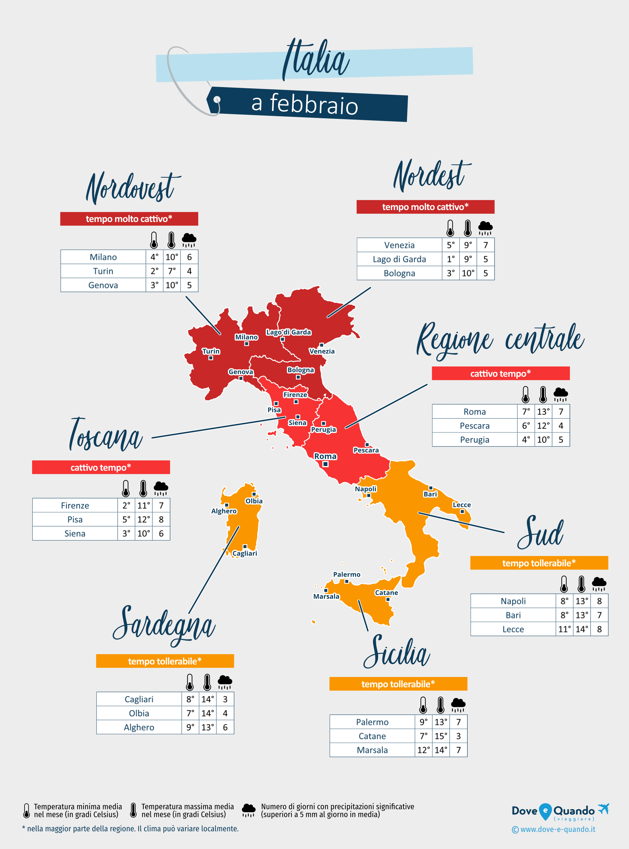 Italia: mappa del meteo a febbraio nelle diverse regioni